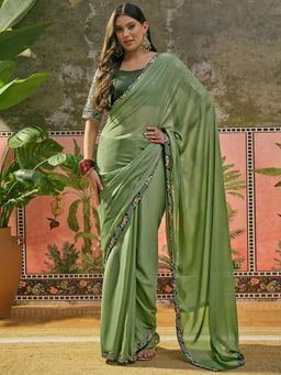 SATRANI - Moss Green Floral Embroidered Saree with Unstitched Blouse