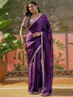 SATRANI - Purple Sequined Embroidered Silk Saree with Unstitched Blouse