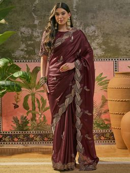 SATRANI - Maroon Embroidered Scalloped Border Saree with Unstitched Blouse