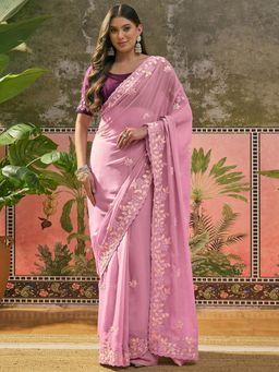 SATRANI - Light Pink Embroidered Scalloped Border Saree with Unstitched Blouse
