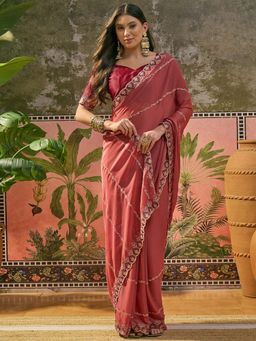 SATRANI - Dark Peach Embroidered Scalloped Border Saree with Unstitched Blouse