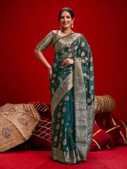 SATRANI - Teal Blue Zari Woven Weaving Silk Saree with Unstitched Blouse
