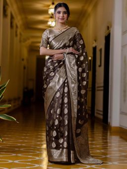 SATRANI - Brown Zari Woven Weaving Silk Saree with Unstitched Blouse
