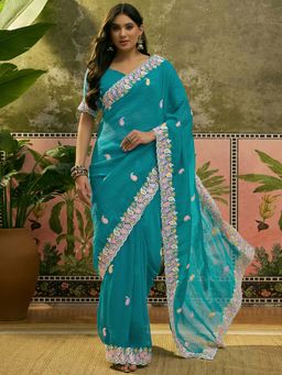 SATRANI - Turquoise Embroidered Chiffon Saree with Unstitched Blouse