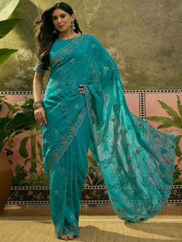 SATRANI - Turquoise Embroidered Chiffon Saree with Unstitched Blouse