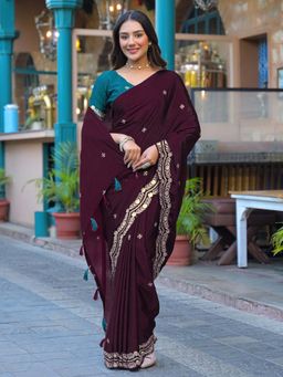 SATRANI - Burgundy Sequined Embroidered Chiffon Saree with Unstitched Blouse