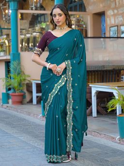 SATRANI - Teal Sequined Embroidered Chiffon Saree with Unstitched Blouse