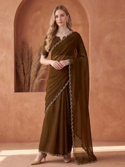 SATRANI - Coffee Brown Embellished Stone Work Chiffon Saree with Unstitched Blouse