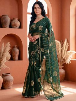 SATRANI - Dark Green Foil Printed Georgette Saree with Unstitched Blouse