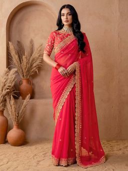 SATRANI - Red Sequined Embroidered Georgette Saree with Unstitched Blouse
