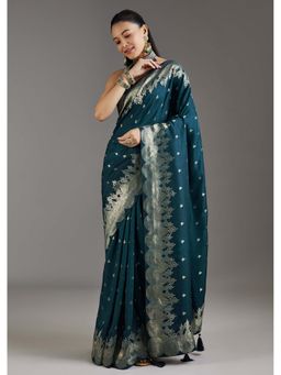 KALKI FASHION - Teal Dola Silk Woven Saree with Unstitched Blouse