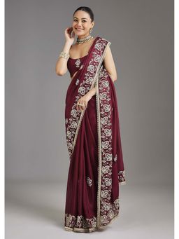 KALKI FASHION - Burgundy Embroidered Sequined Crepe Silk Saree with Unstitched Blouse