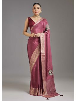 KALKI FASHION - Onion Pink Woven Embroidered Crepe Saree with Unstitched Blouse