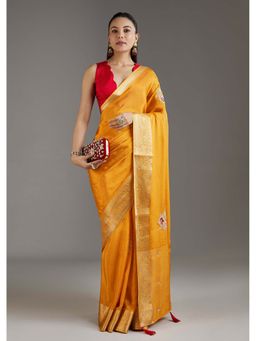 KALKI FASHION - Yellow Woven Embroidered Crepe Saree with Unstitched Blouse