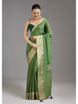 KALKI FASHION - Grass Green Woven Embroidered Crepe Saree with Unstitched Blouse