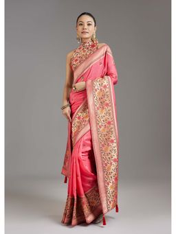 KALKI FASHION - Blush Pink Floral Woven Dola Silk Saree with Unstitched Blouse