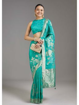 KALKI FASHION - Turquoise Floral Woven Dola Silk Saree with Unstitched Blouse