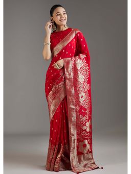 KALKI FASHION - Red Dola Silk Floral Woven Saree with Unstitched Blouse