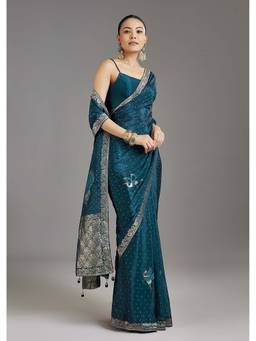 KALKI FASHION - Teal Woven Dola Silk Saree with Unstitched Blouse