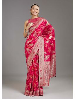 KALKI FASHION - Rani Pink Bandhani Woven Dola Silk Saree with Unstitched Blouse