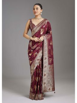 KALKI FASHION - Maroon Woven Bandhani Dola Silk Saree with Unstitched Blouse
