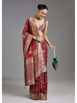 KALKI FASHION - Maroon Bandhani Woven Dola Silk Saree with Unstitched Blouse