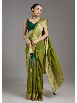 KALKI FASHION - Olive Embroidered Woven Crepe Saree with Unstitched Blouse