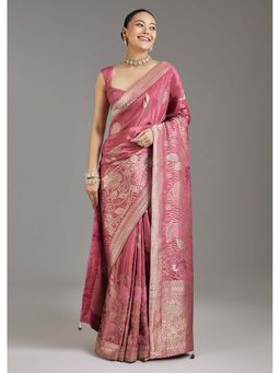 KALKI FASHION - Pink Floral Woven Dola Silk Saree with Unstitched Blouse