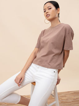 Twenty Dresses by Nykaa Fashion - Basics Super Chill Khaki Boxy Tee