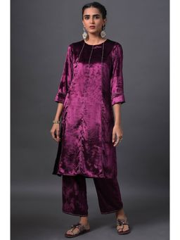 W - Purple Embroidered Velvet Kurta with Straight Pants