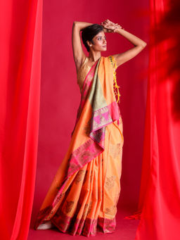 Beatitude - Orange Woven Banarasi Saree with Unstitched Blouse