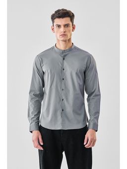 Snitch - Grey Solid/Plain Mandarin Neck Casual Shirt