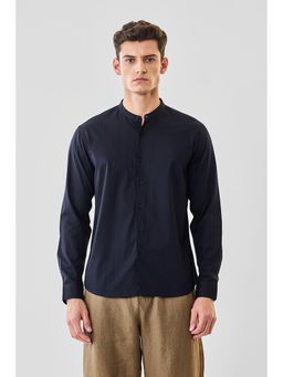 Snitch - Navy Blue Solid/Plain Mandarin Neck Casual Shirt