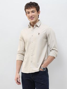 U.S. Polo Assn. Denim Co. - Beige Solid/Plain Collar Neck Casual Shirt