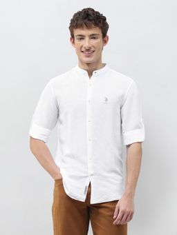 U.S. Polo Assn. Denim Co. - White Solid/Plain Mandarin Neck Casual Shirt