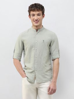 U.S. Polo Assn. Denim Co. - Green Solid/Plain Mandarin Neck Casual Shirt