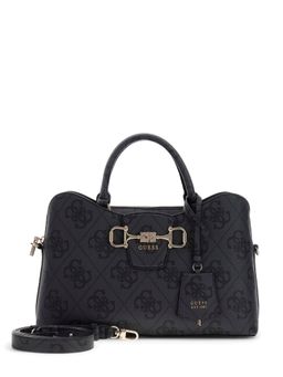 Guess - Charcoal Printed Pu Janie Logo Girlfriend Satchel Bag With Detachable Strap
