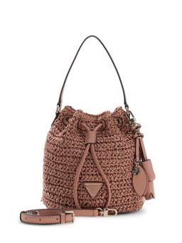 Guess - Coral Pink Textured Paper Ofelia Top Handle Bucket Potli Bag With Detachable Strap