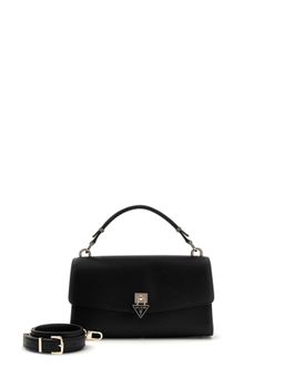 Guess - Black Solid Pu Patsie Top Handle Flap Satchel Bag With Detachable Strap