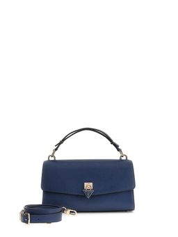 Guess - Navy Blue Solid Pu Patsie Top Handle Flap Satchel Bag With Detachable Strap