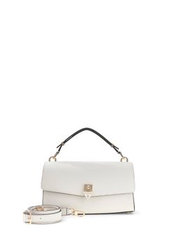 Guess - Off White Solid Pu Patsie Top Handle Flap Satchel Bag With Detachable Strap