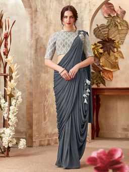Odette - Grey Lycra Designer Saree with Unstitched Blouse