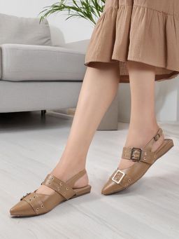 Iconics - Women Taupe Buckle Slingback Pointed Toe Mules