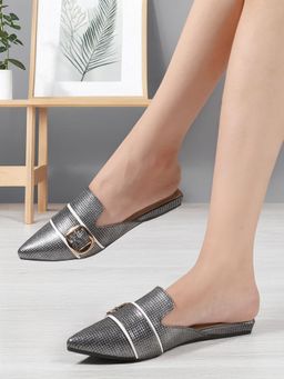 Iconics - Women Grey Textured Buckle Pointed Toe Mules