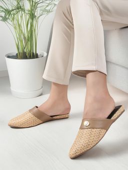 Iconics - Women Beige Gemstone Pointed Toe Mules