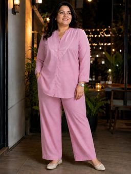 Qurvii - Baby Pink Cotton Sequined Yoke Co-Ord Set