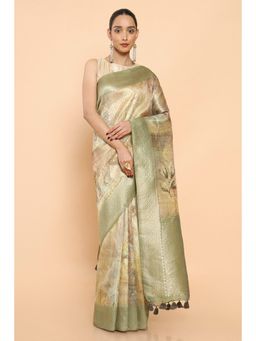 Soch - Women Green Cotton Printed Saree with Unstitched Blouse