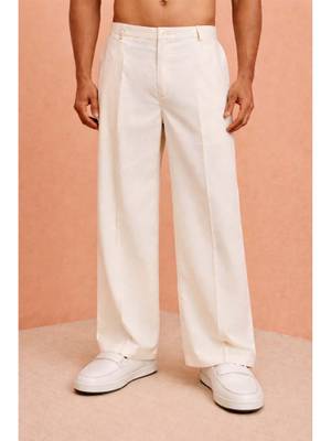 Vastramay Men Cream Cotton Lycra Wide Leg Pant - Image 1