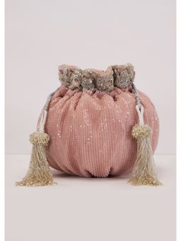 KALKI FASHION - Shimmery Pink Round Sequined Silk Potli with Tassel Dori