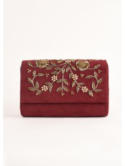 KALKI FASHION - Wine Clutch Suede with Zardosi Embellished Floral Motifs Online